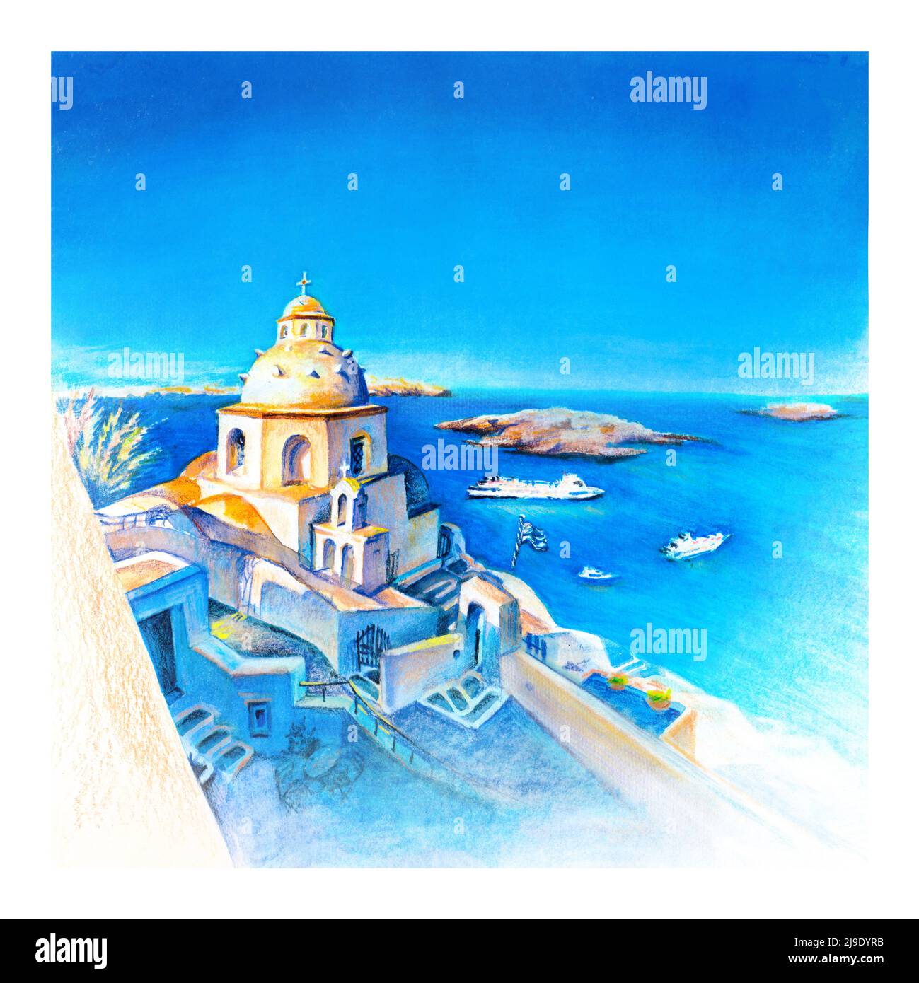 Watercolor sketch of Fira, modern capital of the Greek Aegean island, Santorini Stock Photo
