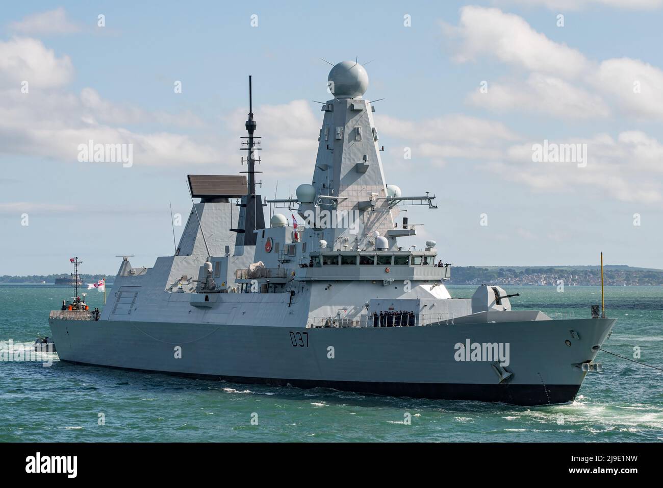 The Royal Navy Type 45 air defence destroyer HMS Duncan (D37) returned to Portsmouth, UK on 20/5/2022 after post refit sea trials. Stock Photo