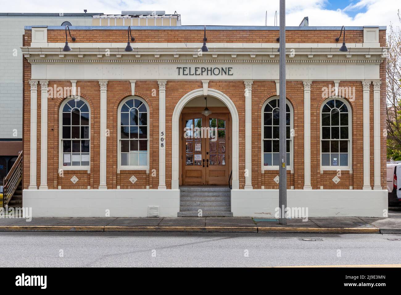 Mt. Vernon, WA USA 05/07/2022 Exterior of the Old Telephone
