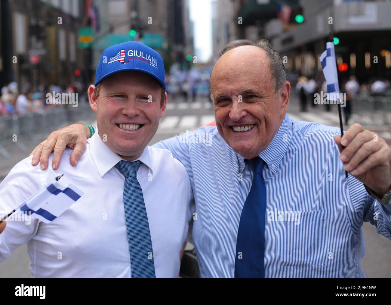 New York, New York - May 22,  2022 :  Rudy Giuliani and son Andrew Giuliani walking in New York City Israel Parade on 5th Ave . Stock Photo