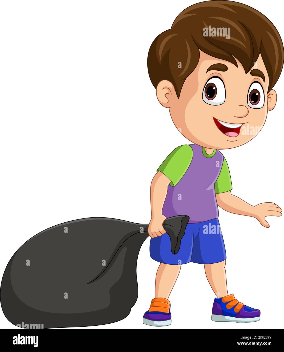 Cartoon little boy holding black plastic bag Stock Vector