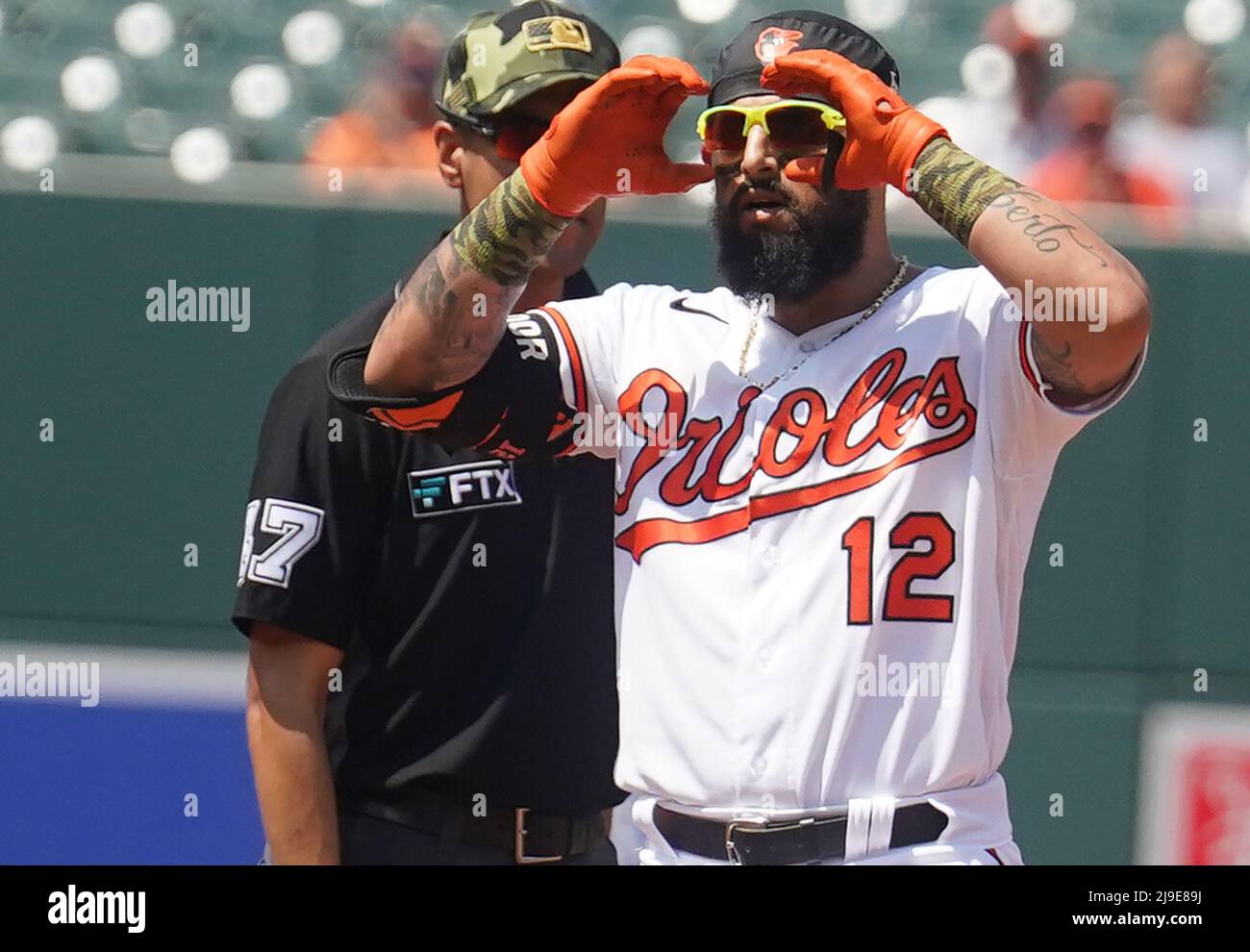 BALTIMORE, MD - MAY 22: Baltimore Orioles second baseman Rougned Odor (12)  adjusted his glasses on second base during a MLB game between the Baltimore  Orioles and the Tampa Bay Rays, on