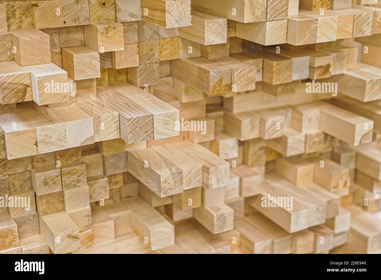 Stacked wood in the sawmill close up Stock Photo