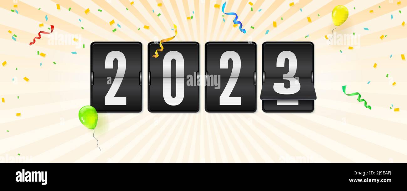 Countdown clock with numbers 2023. New year template with pennants, balloons and serpentine. Stock Vector