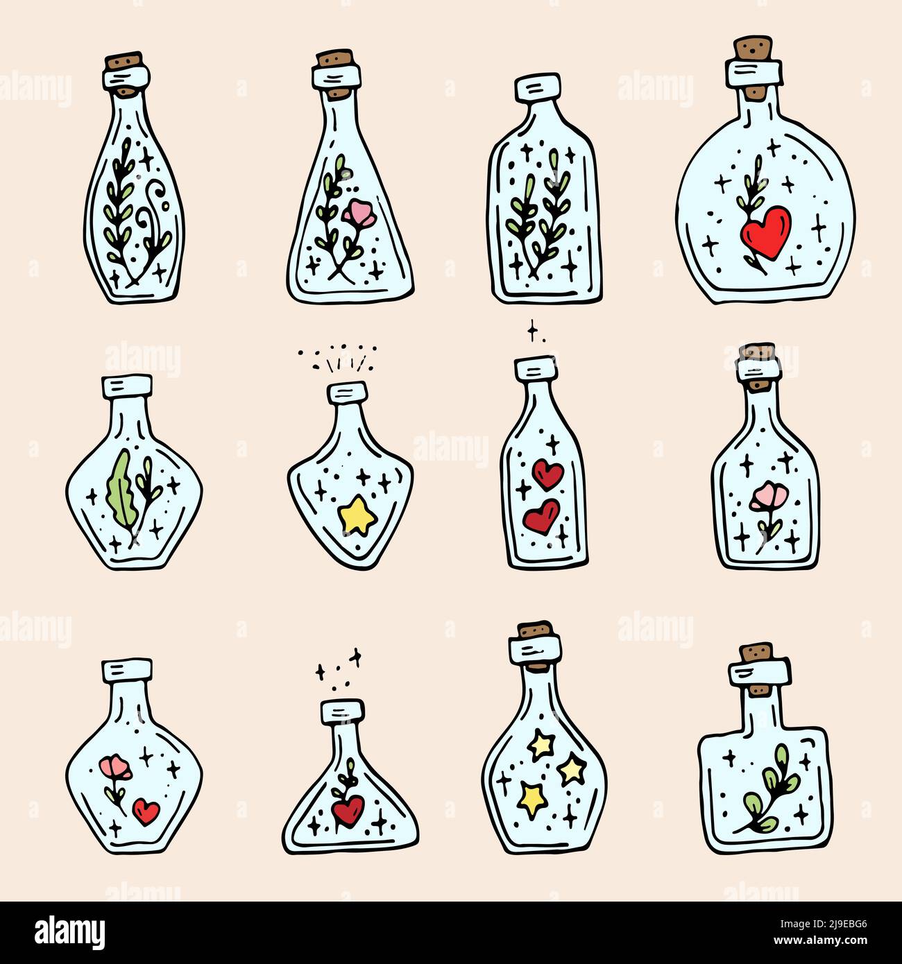Potion bottles set. Alchemy set. Vector icons of glass flasks with