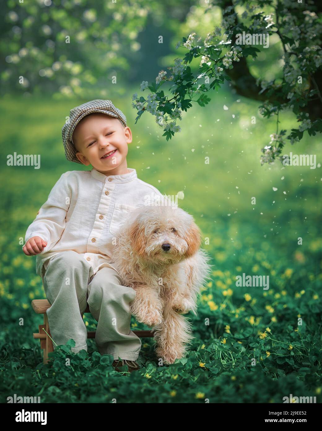 Young boy kid and his dog poodle on the grass together. Happy child hugging his pet smiling with his eyes closed. Stock Photo