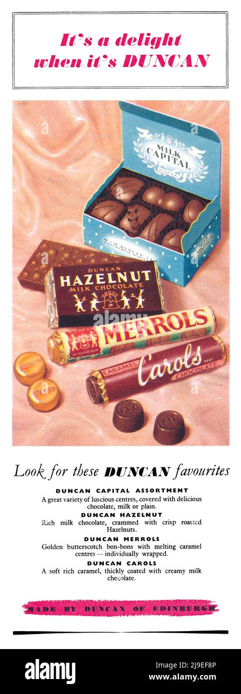 1954 British advertisement for Duncan of Edinburgh confectionery. Stock Photo