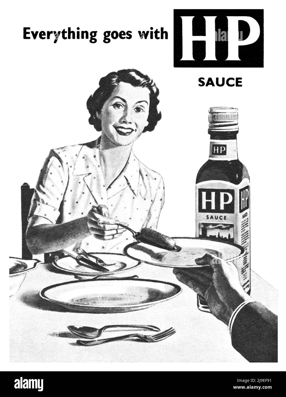 1954 British advertisement for HP Sauce condiment. Stock Photo