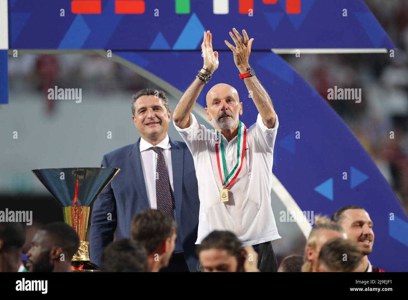 Sassuolo, Italy. 22nd May, 2022. Luigi De Siervo Managing Director of Serie A looks on as Stefano Pioli Head coach of AC Milan applauds the crowd from the podium during the trophy presentation following the Serie A match at Mapei Stadium - Cittˆ del Tricolore, Sassuolo. Picture credit should read: Jonathan Moscrop/Sportimage Credit: Sportimage/Alamy Live News Stock Photo