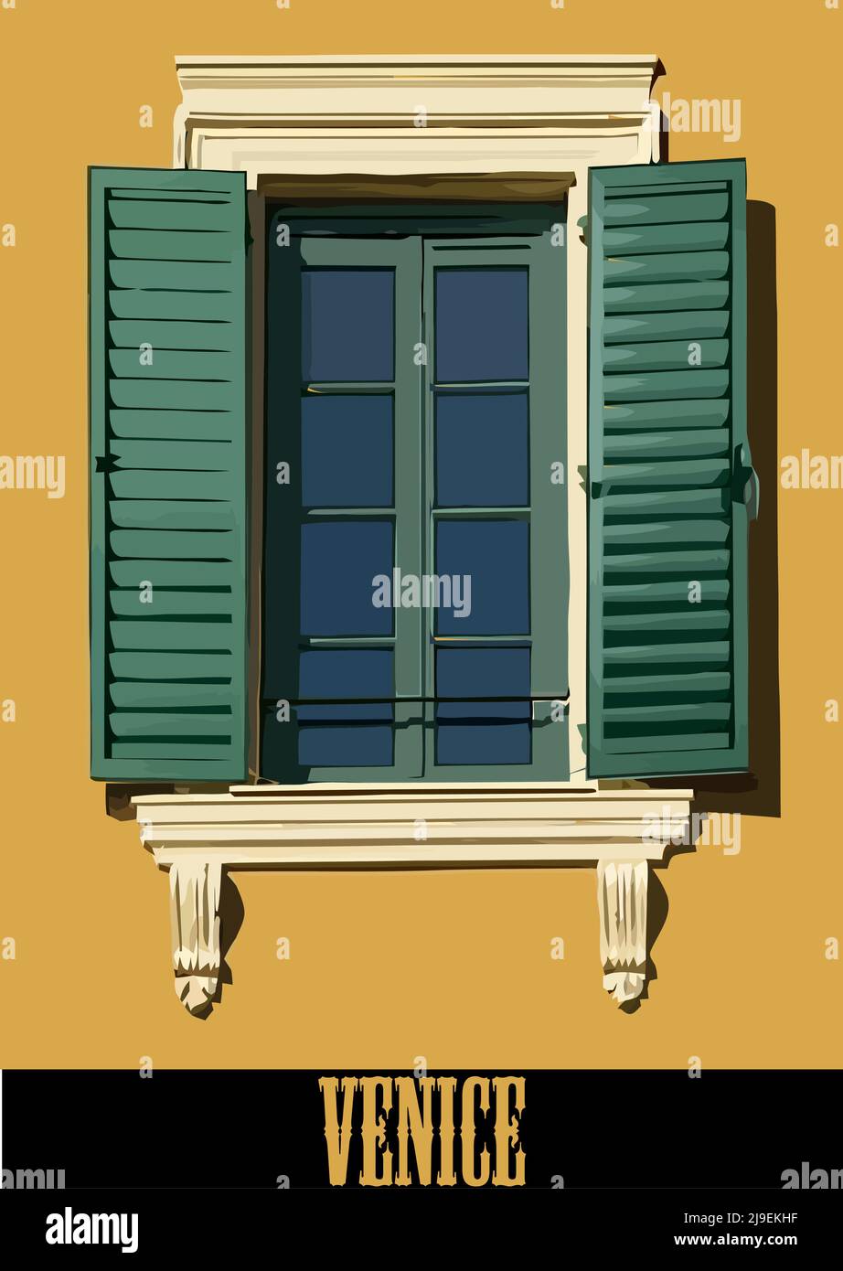 Colourful window with flowers and shutters. Venetian shutters. 3d vector illustration Stock Vector