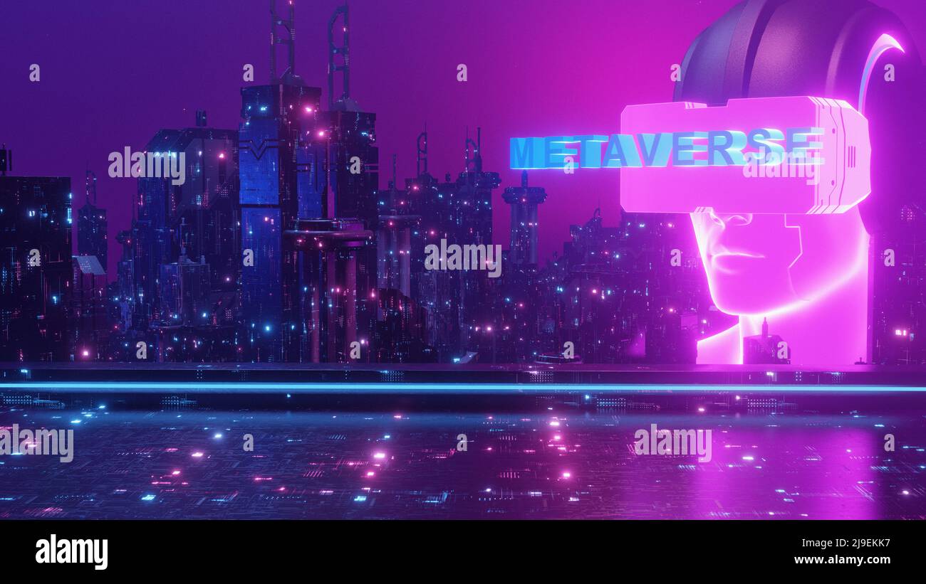 Metaverse VR Virtual Reality Neon Cyberpunk Blockchain Cityscape Wallpaper Background 3d Illustration Stock Photo