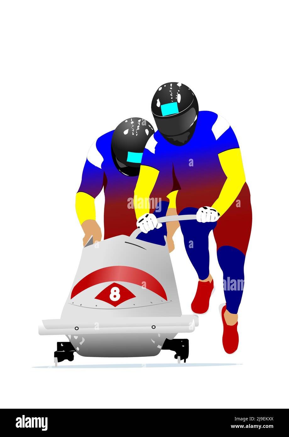 Two men team bobsleigh. 3d vector color illustration Stock Vector