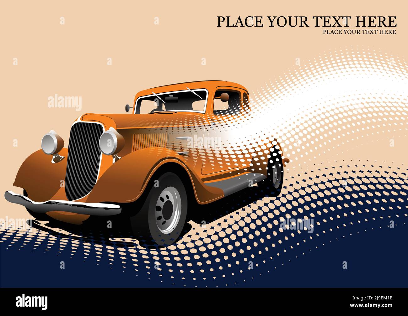 Old orange car on abstract backgroud. Vector Colored 3d illustration Stock Vector