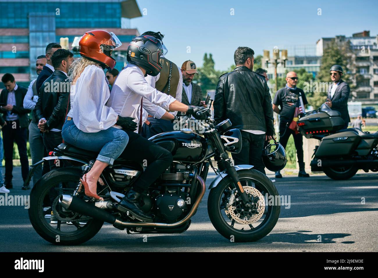 Distinguished Gentleman's Ride 2022  in Bucharest Romania May, triumph classic motorcycles event Gentlemen Ride classic motorcycle and classic clothes Stock Photo