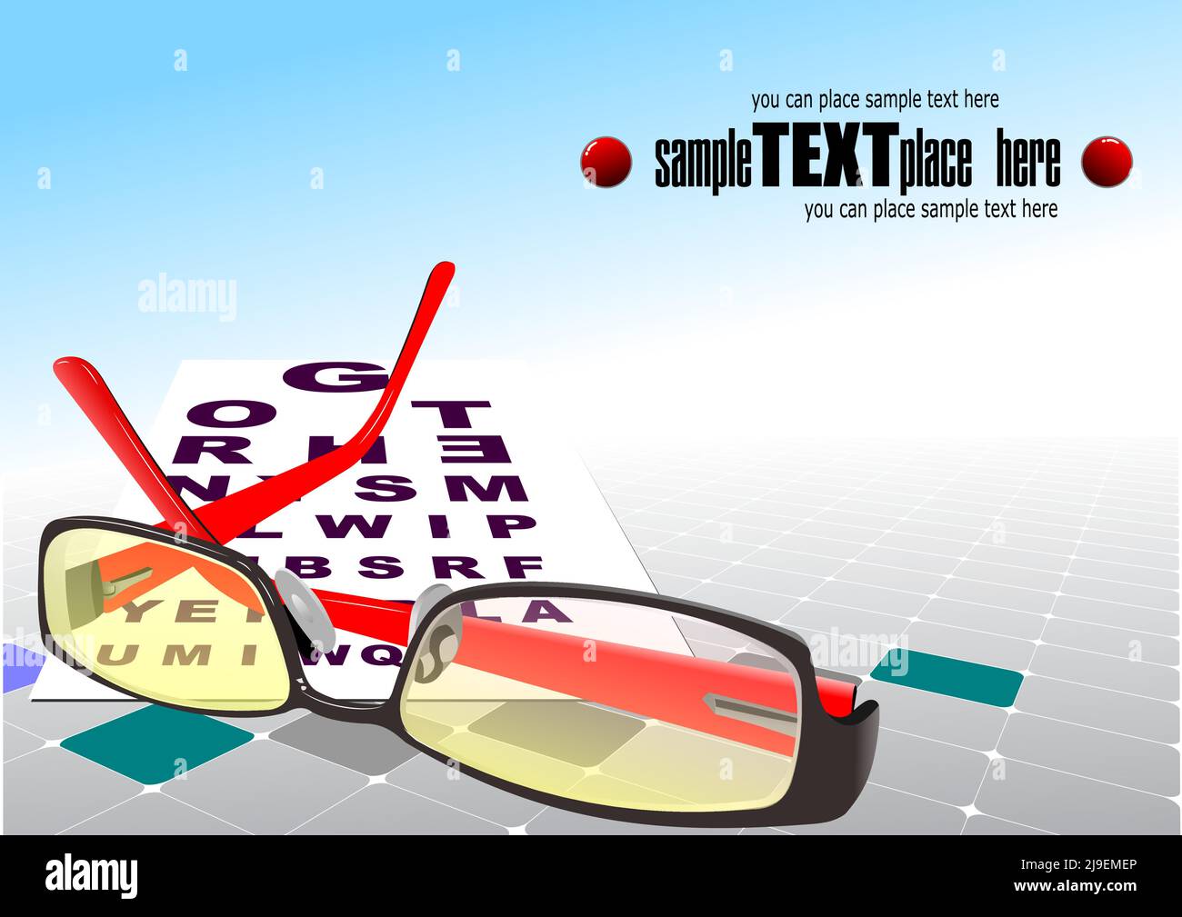 Glasses for reading with table for eye exams. Vector 3d illustration