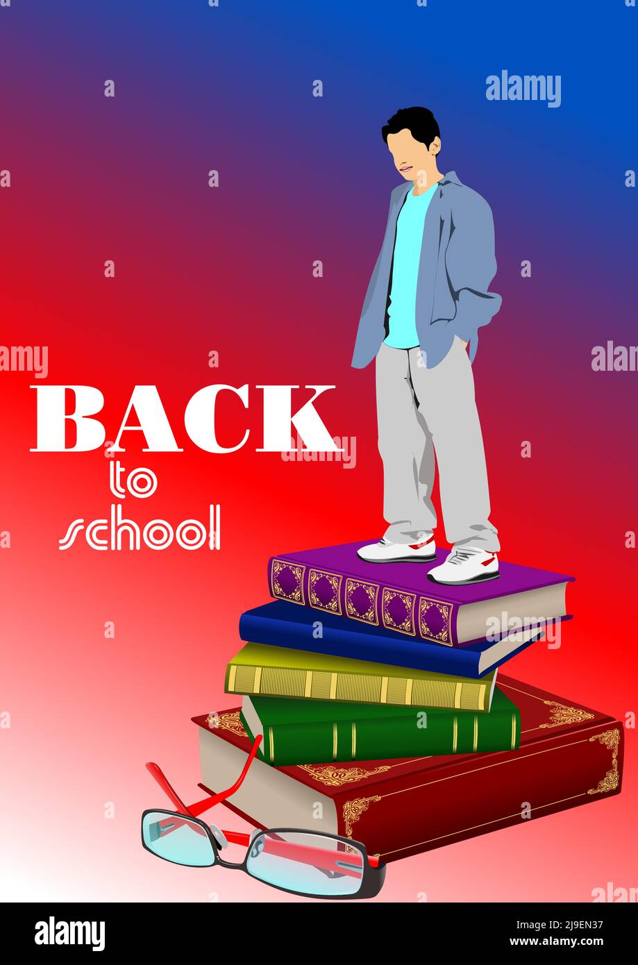 Stack of books and glasses with school boy image. Back to school 3d ...