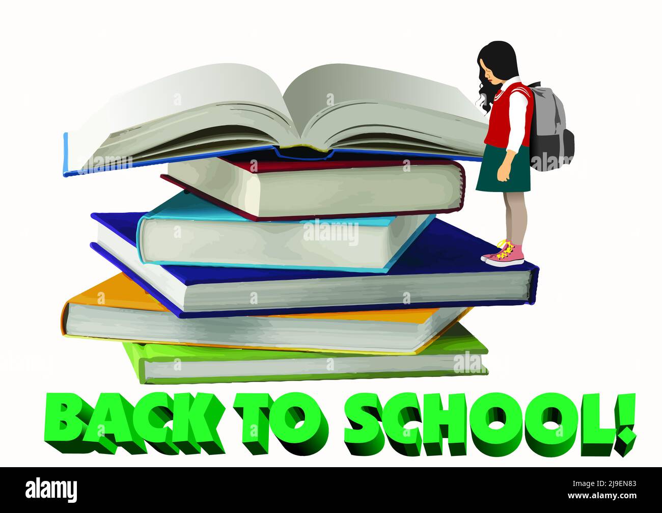 Abstract stack of books with school girl image. Back to school. 3d ...