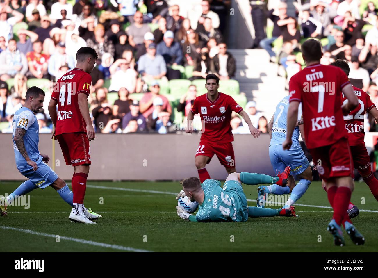 Melbourne, Australia, 22 May, 2022. Joe Gauci of Adelaide United catches the ball during the A-League Semi Final soccer match between Melbourne City FC and Adelaide United at AAMI Park on May 22, 2022 in Melbourne, Australia. Credit: Dave Hewison/Speed Media/Alamy Live News Stock Photo