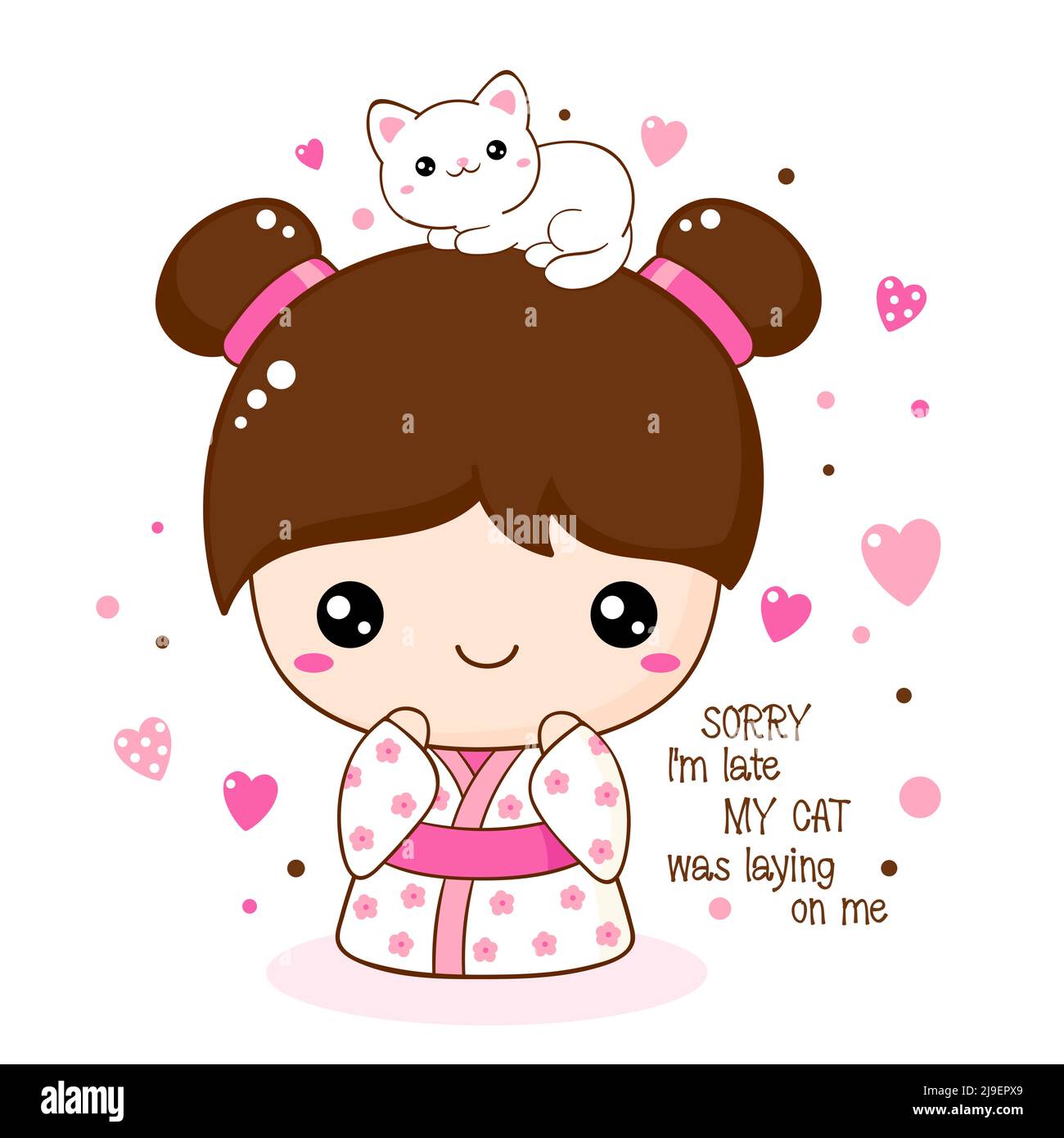 Cute smiling little girl with kitty in kawaii style. Japanese