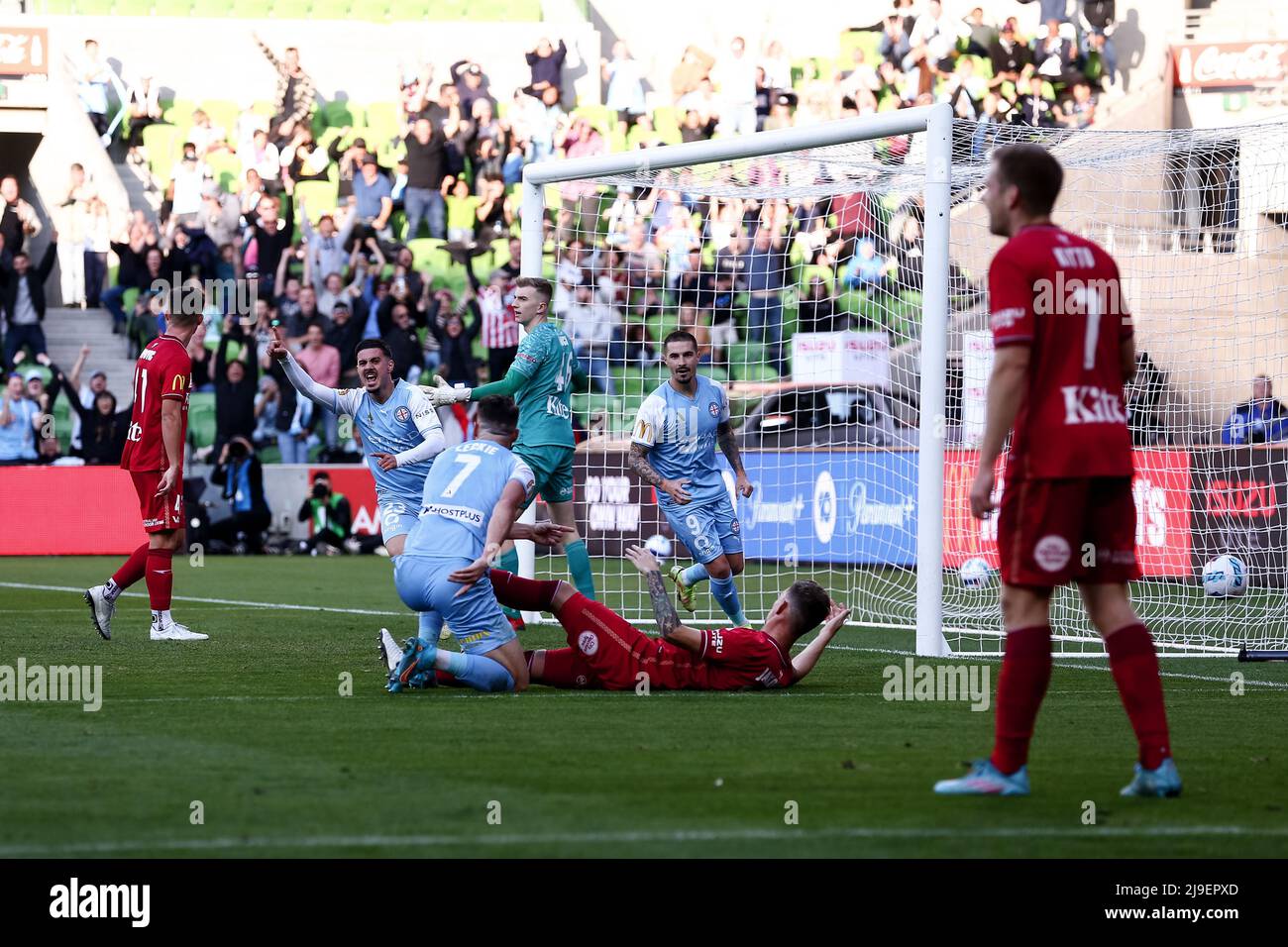 Melbourne, Australia, 22 May, 2022. Marco Tilio of Melbourne City FC scores a goal during the A-League Semi Final soccer match between Melbourne City FC and Adelaide United at AAMI Park on May 22, 2022 in Melbourne, Australia. Credit: Dave Hewison/Speed Media/Alamy Live News Stock Photo