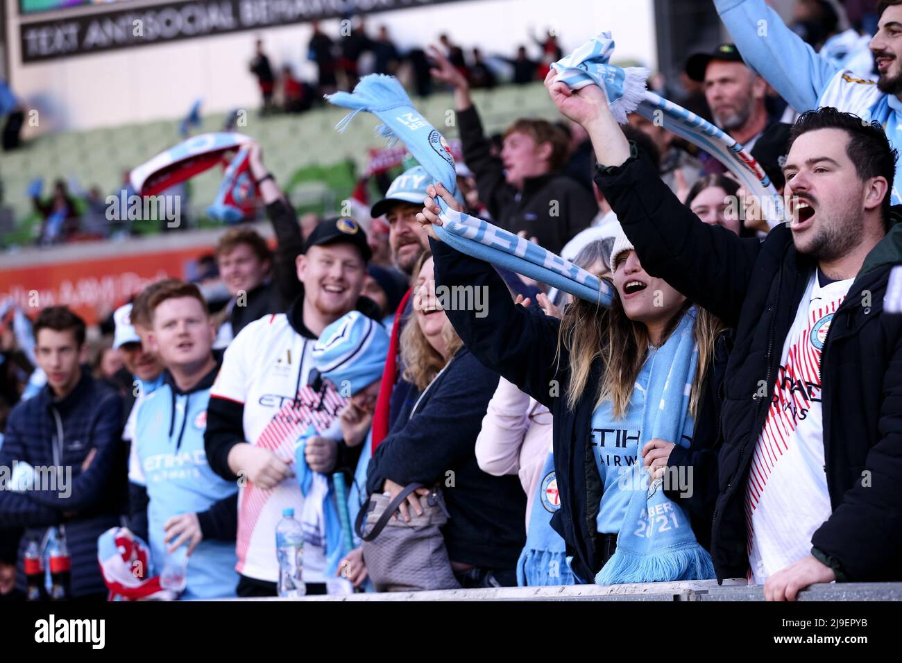 Melbourne, Australia, 22 May, 2022. Melbourne City fans cheer as they score a goal during the A-League Semi Final soccer match between Melbourne City FC and Adelaide United at AAMI Park on May 22, 2022 in Melbourne, Australia. Credit: Dave Hewison/Speed Media/Alamy Live News Stock Photo