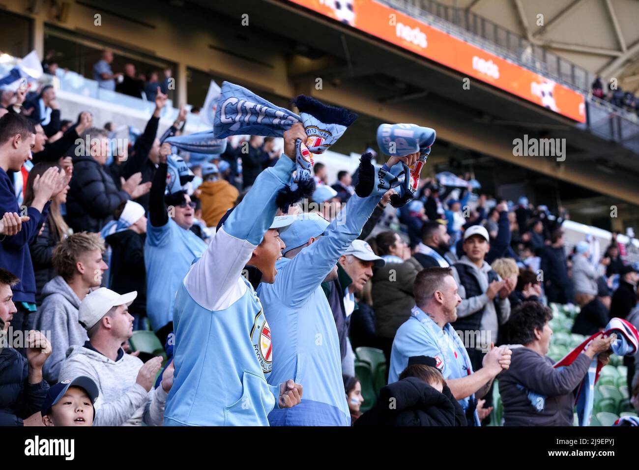 Melbourne, Australia, 22 May, 2022. Melbourne City fans cheer during the A-League Semi Final soccer match between Melbourne City FC and Adelaide United at AAMI Park on May 22, 2022 in Melbourne, Australia. Credit: Dave Hewison/Speed Media/Alamy Live News Stock Photo