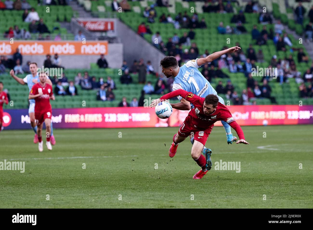 Melbourne, Australia, 22 May, 2022. Mathew Leckie of Melbourne City FC heads the ball during the A-League Semi Final soccer match between Melbourne City FC and Adelaide United at AAMI Park on May 22, 2022 in Melbourne, Australia. Credit: Dave Hewison/Speed Media/Alamy Live News Stock Photo