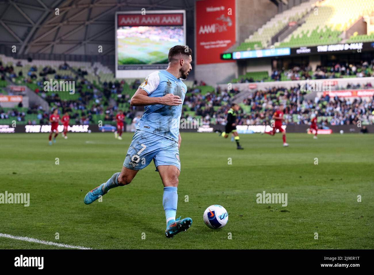 Melbourne, Australia, 22 May, 2022. Mathew Leckie of Melbourne City FC controls the ball during the A-League Semi Final soccer match between Melbourne City FC and Adelaide United at AAMI Park on May 22, 2022 in Melbourne, Australia. Credit: Dave Hewison/Speed Media/Alamy Live News Stock Photo