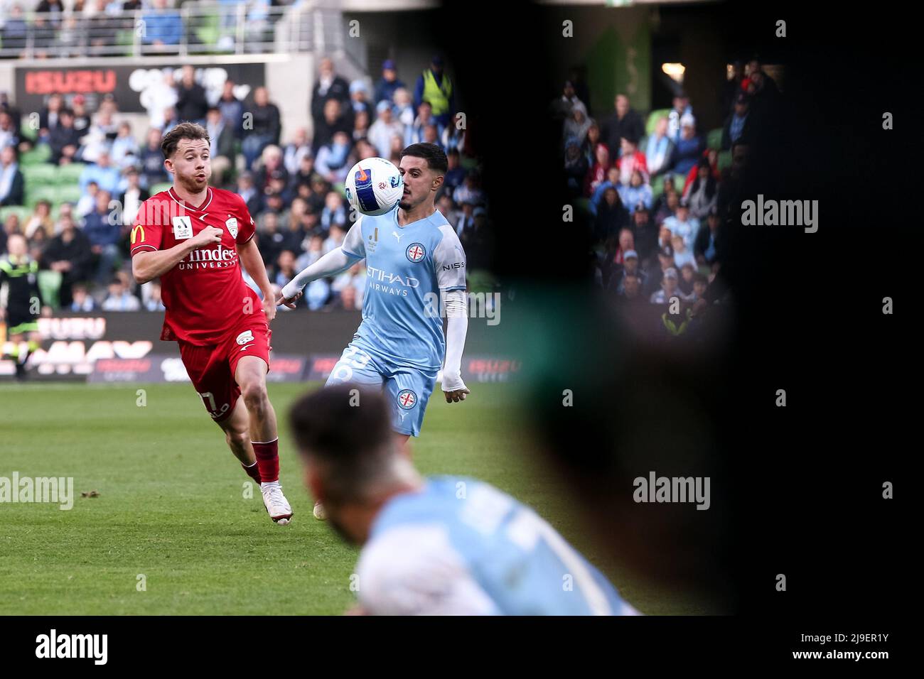 Melbourne, Australia, 22 May, 2022. Marco Tilio of Melbourne City FC heads the ball during the A-League Semi Final soccer match between Melbourne City FC and Adelaide United at AAMI Park on May 22, 2022 in Melbourne, Australia. Credit: Dave Hewison/Speed Media/Alamy Live News Stock Photo