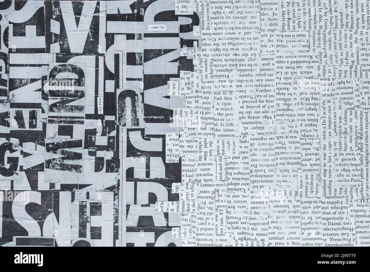 Handmade mixed fonts background made of contemporary newspaper pieces in moody tones. Highly detailed mixed media multilayered abstract design Stock Photo