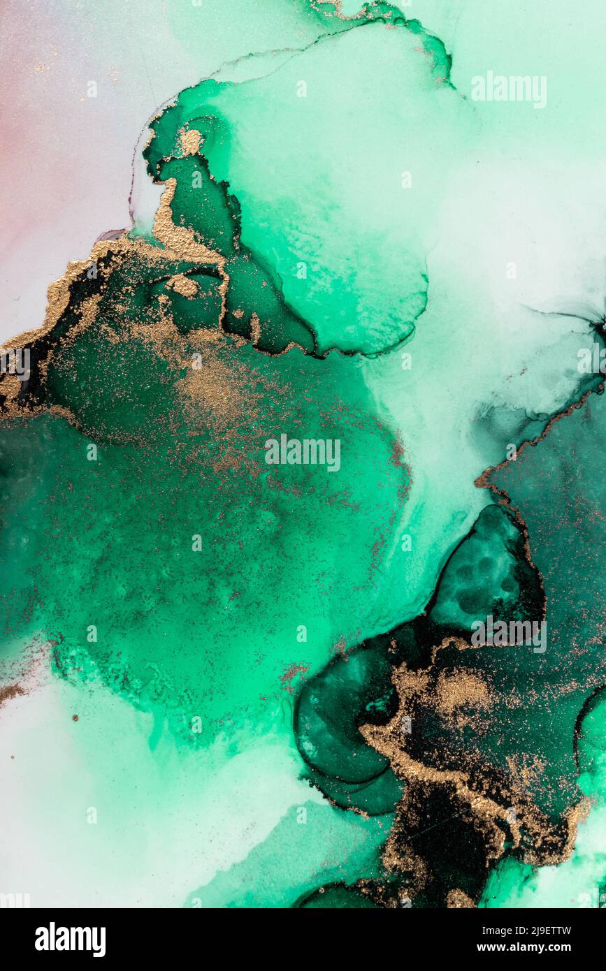 Green gold abstract background of marble liquid ink art painting on ...