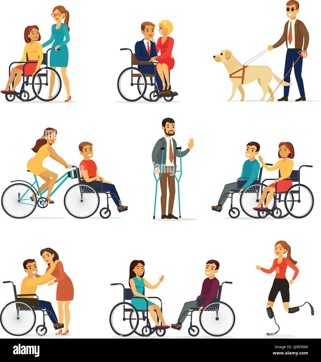 Disabled and handicapped set with people in wheelchairs on crutches blind man and woman on artificial legs isolated vector illustration Stock Vector