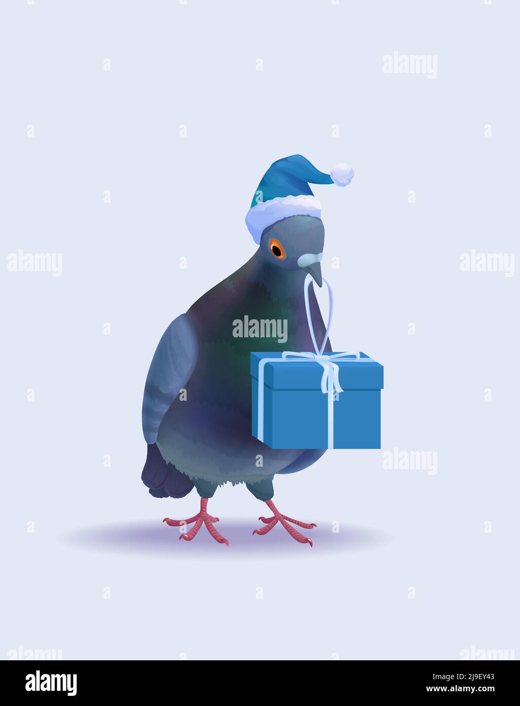 Christmas Santa pigeon in blue hat holding present box on light background isolated vector illustration Stock Vector