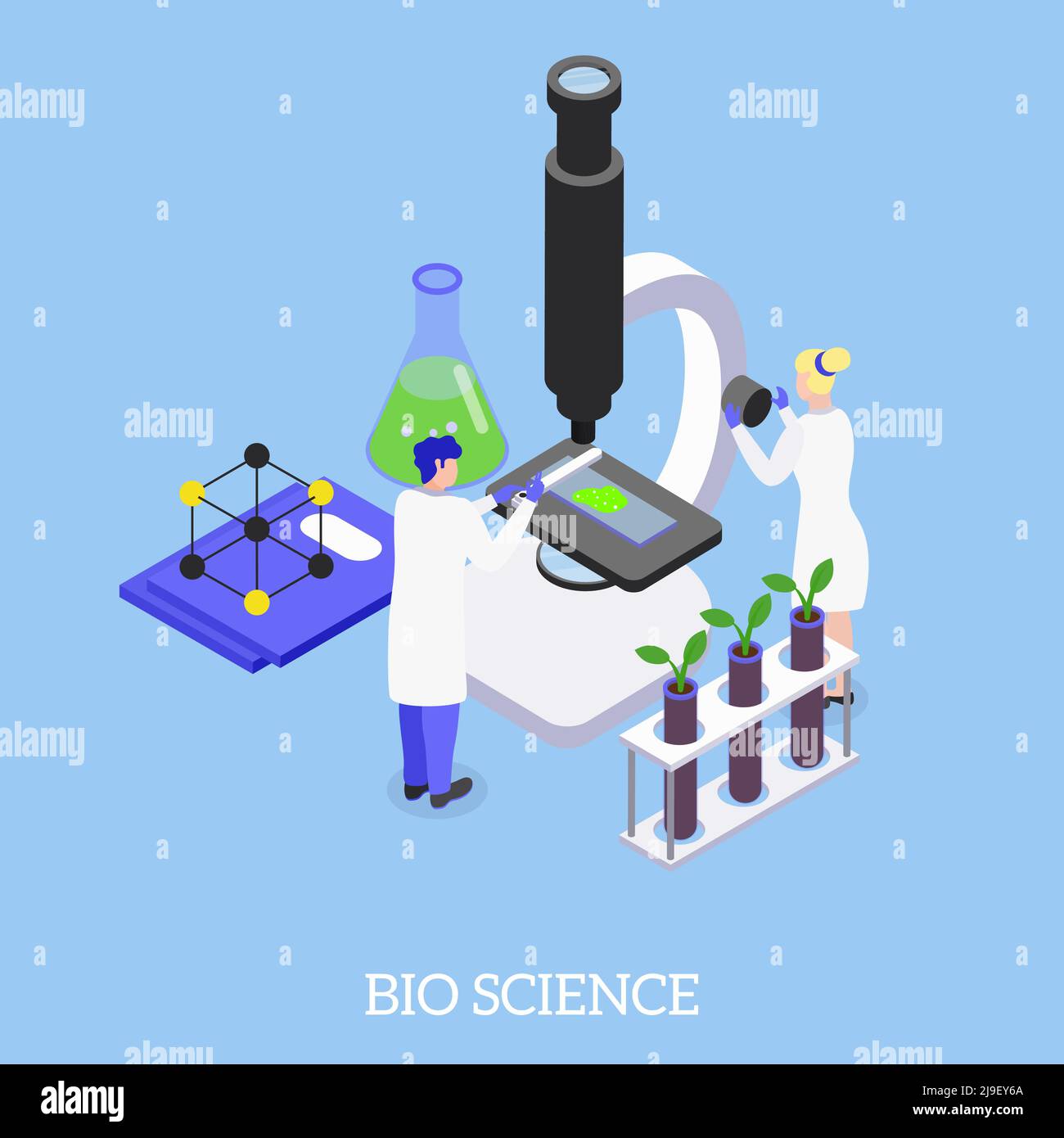 Bio science isometric background composition with electron microscope enabling genetic engineering researches manipulate plants dna vector illustratio Stock Vector