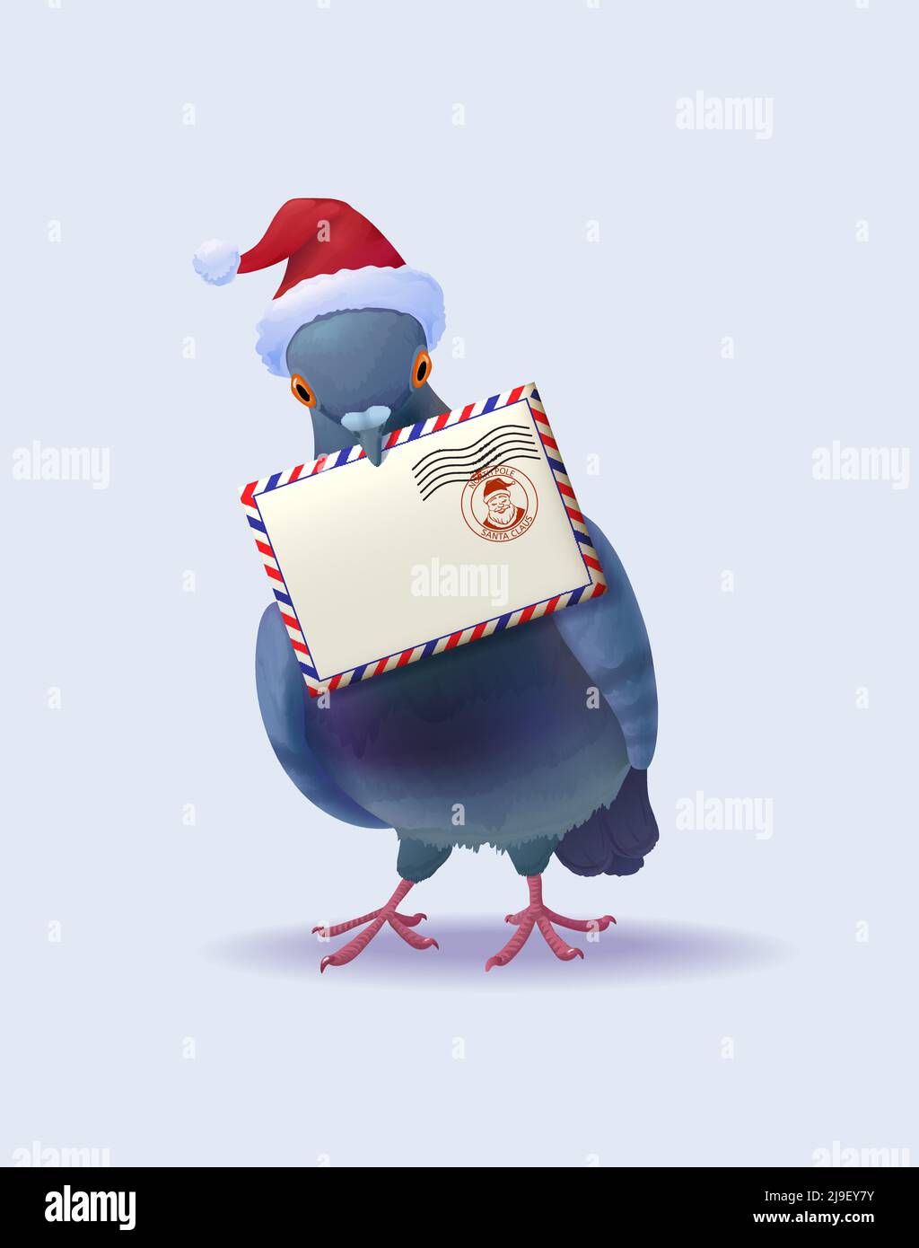 Christmas Santa Claus post pigeon in red hat holding mail envelope on light background isolated vector illustration Stock Vector