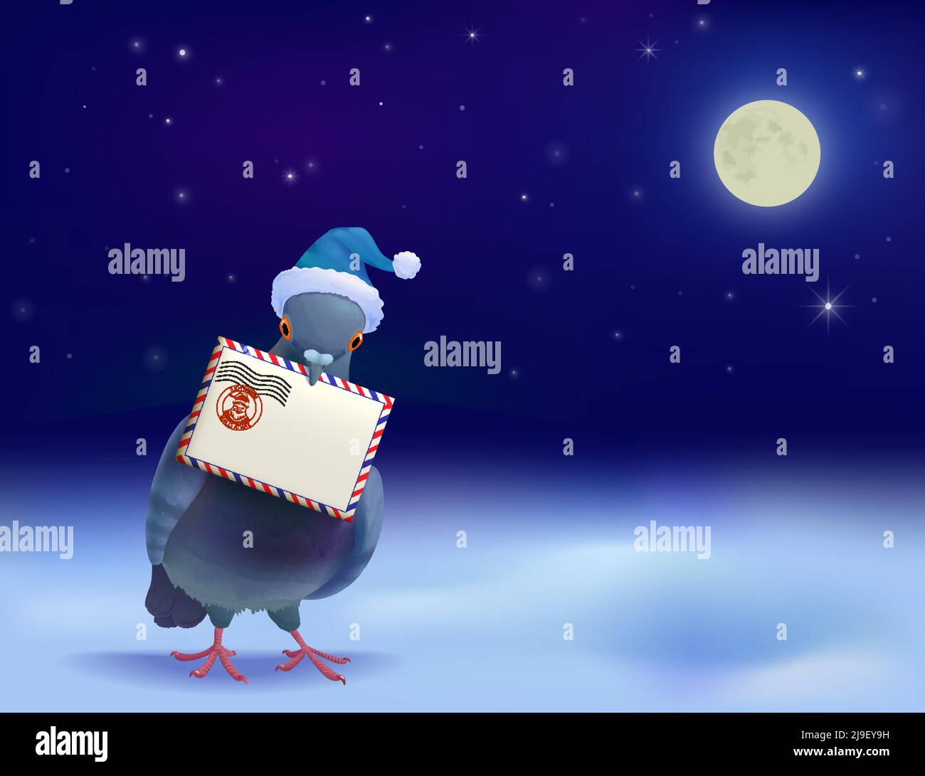 Christmas post pigeon in blue hat standing on cloud and holding mail envelope on night sky background  vector illustration Stock Vector