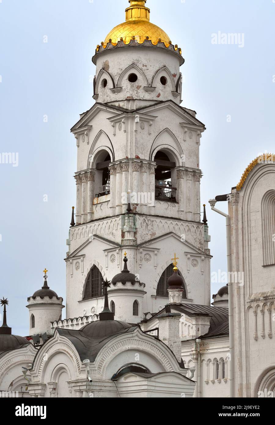 Assumption Cathedral in Vladimir. The white bell tower in the pseudo-Gothic style of the XIX century. Russia, 2022 Stock Photo