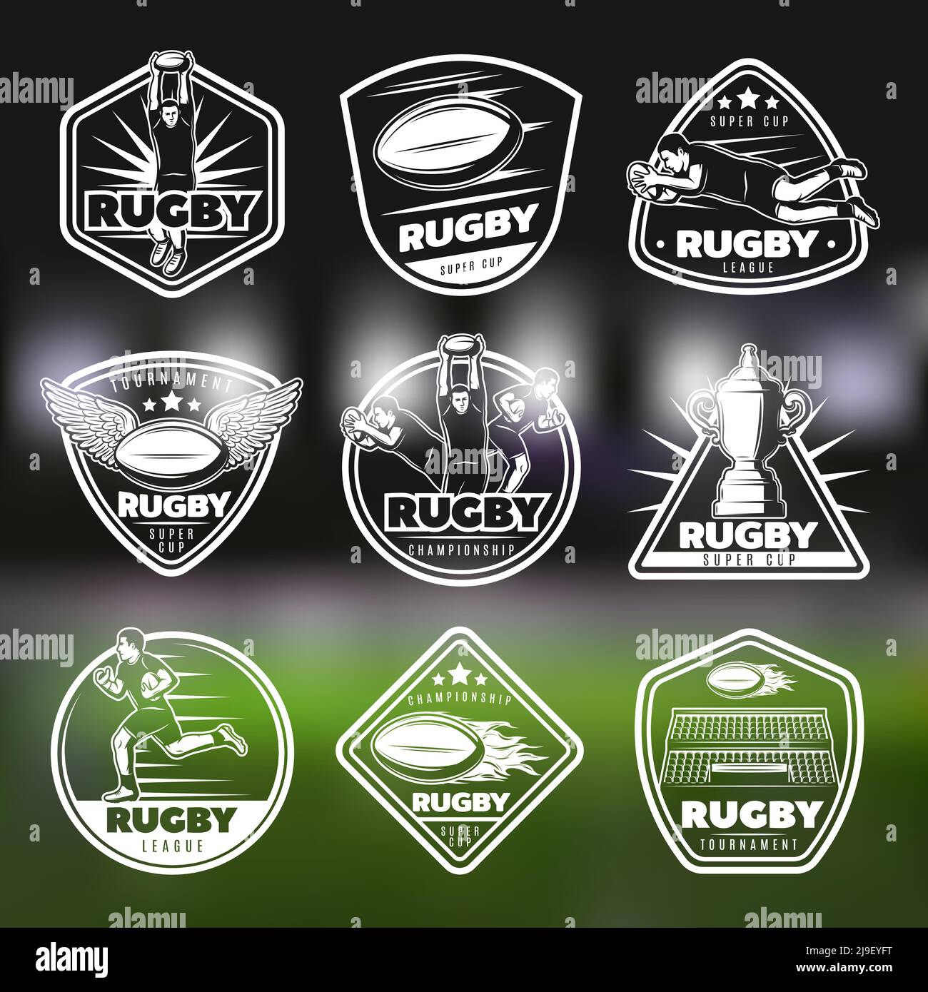 White vintage rugby labels set with players award and sport equipment on field blurred background isolated vector illustration Stock Vector