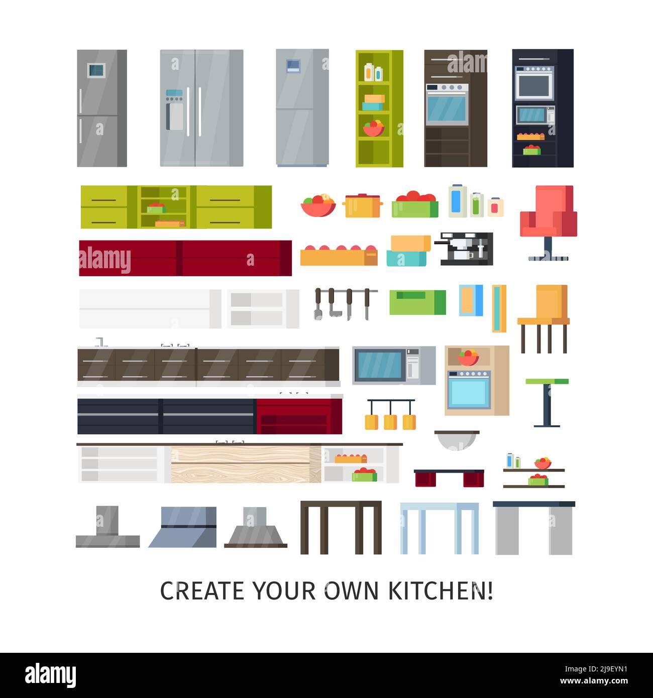 Modern kitchen interior objects set with equipment utensils and ...