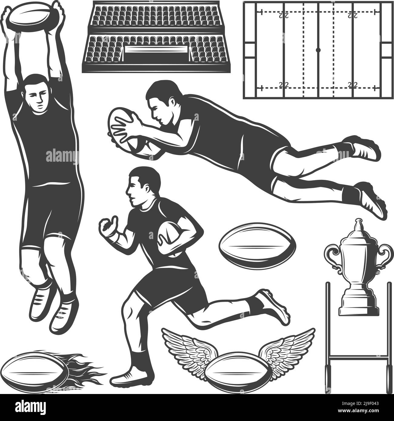 Vintage rugby sport elements set with scoring jumping running players cup flaming ball wings field stadium isolated vector illustration Stock Vector