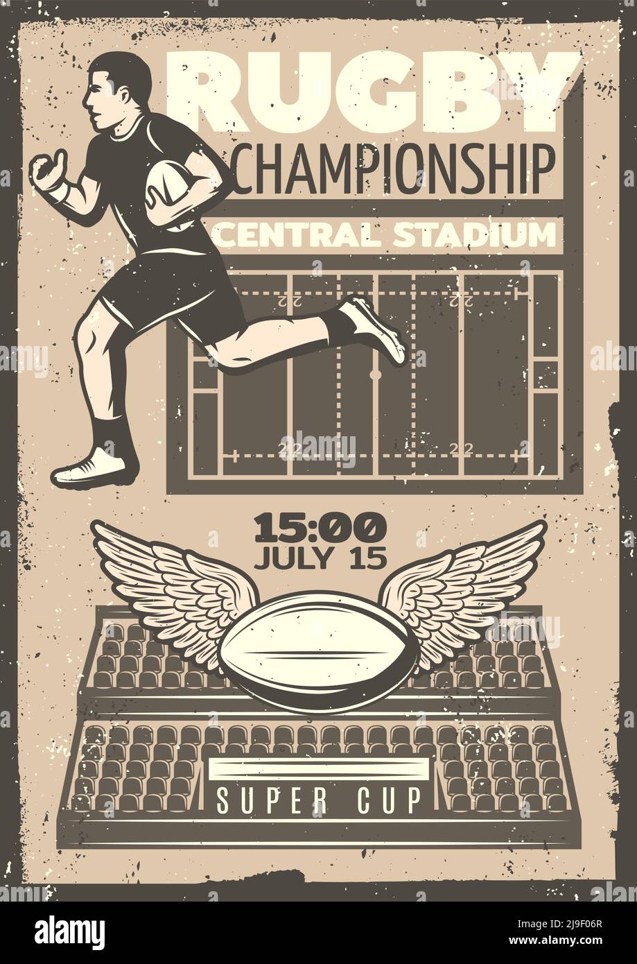 Vintage rugby competition poster with running player ball wings field and stadium in monochrome style vector illustration Stock Vector