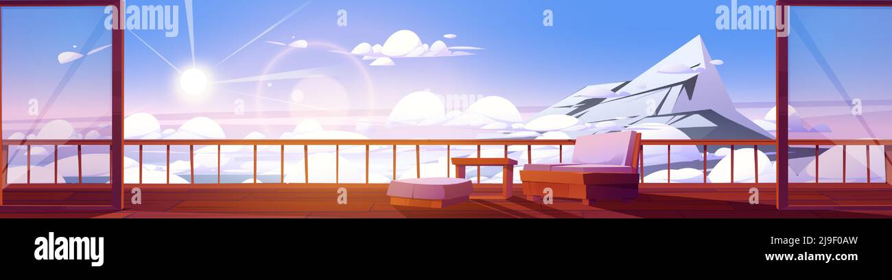 High mountain landscape with wooden house terrace and white clouds. Vector cartoon illustration of cottage or chalet veranda or balcony with couch and table and panorama of snow rock summit Stock Vector