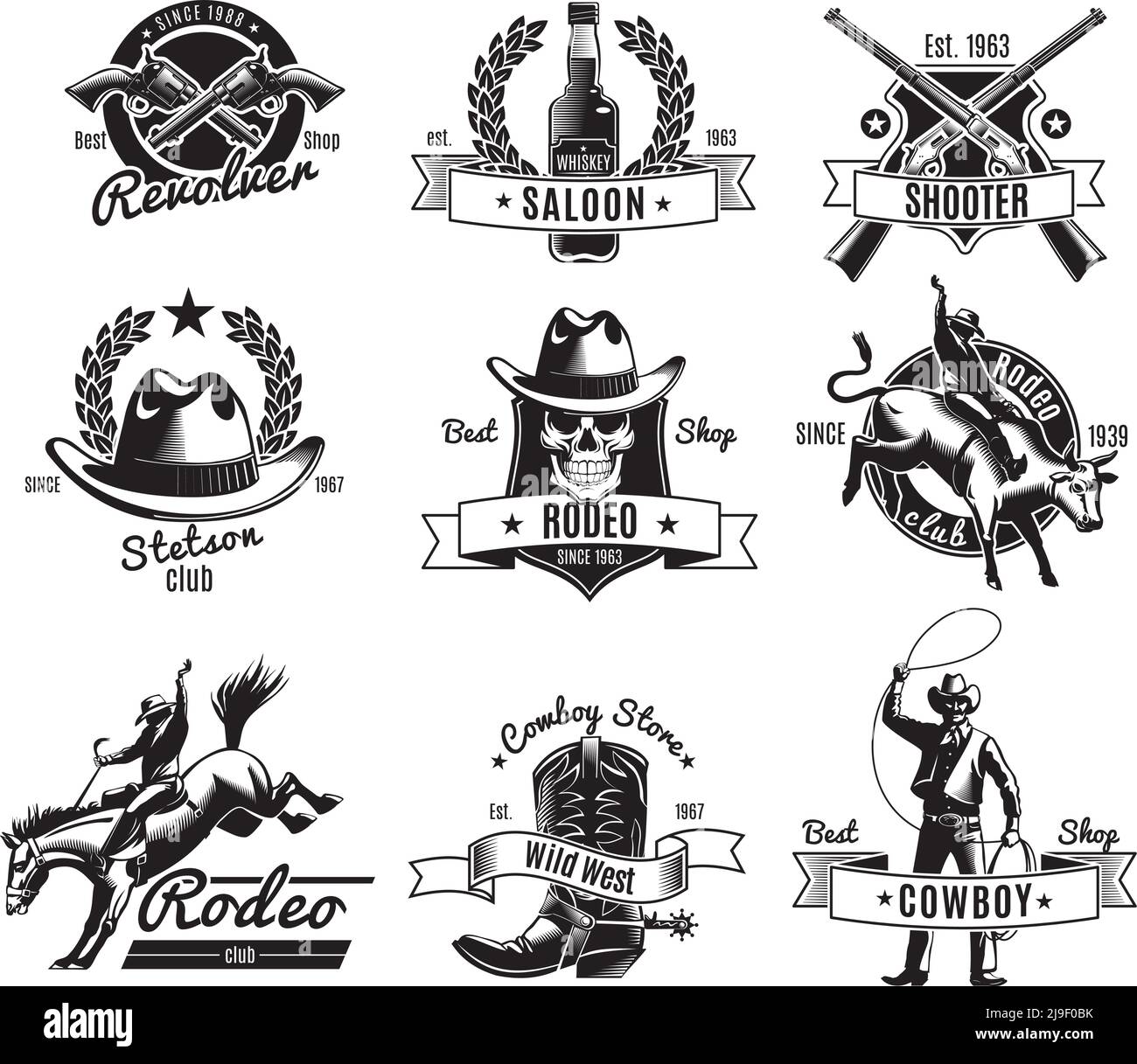 Vintage rodeo black labels with wild west elements for store club or saloon design isolated vector illustration Stock Vector