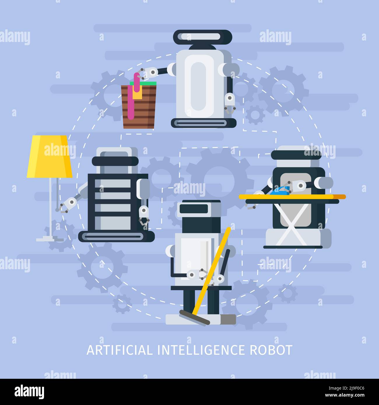 Artificial intelligence composition with robots assisting people in different housekeeping functions vector illustration Stock Vector