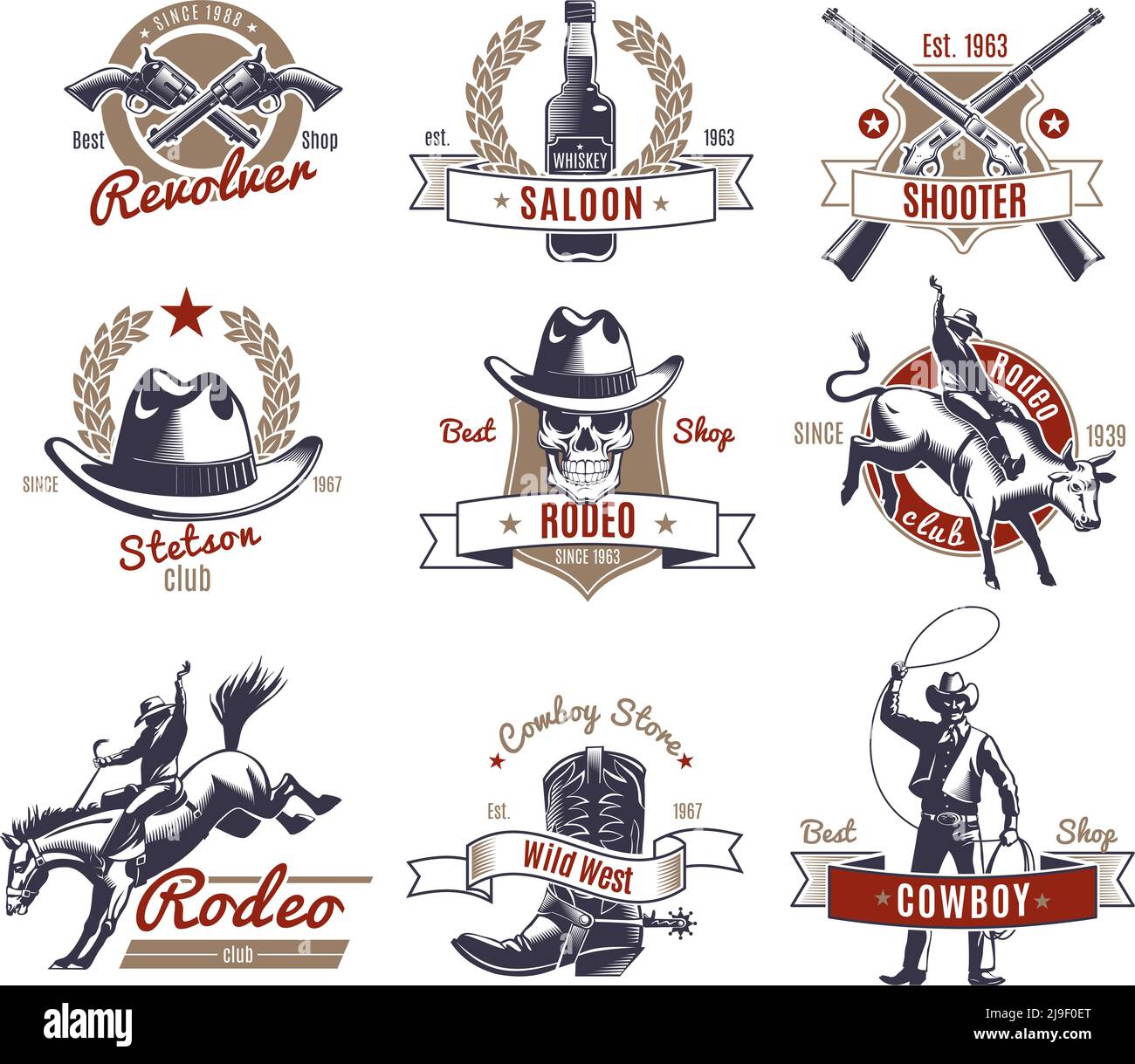 Colorful rodeo labels and logos with wild west elements in vintage style isolated vector illustration Stock Vector