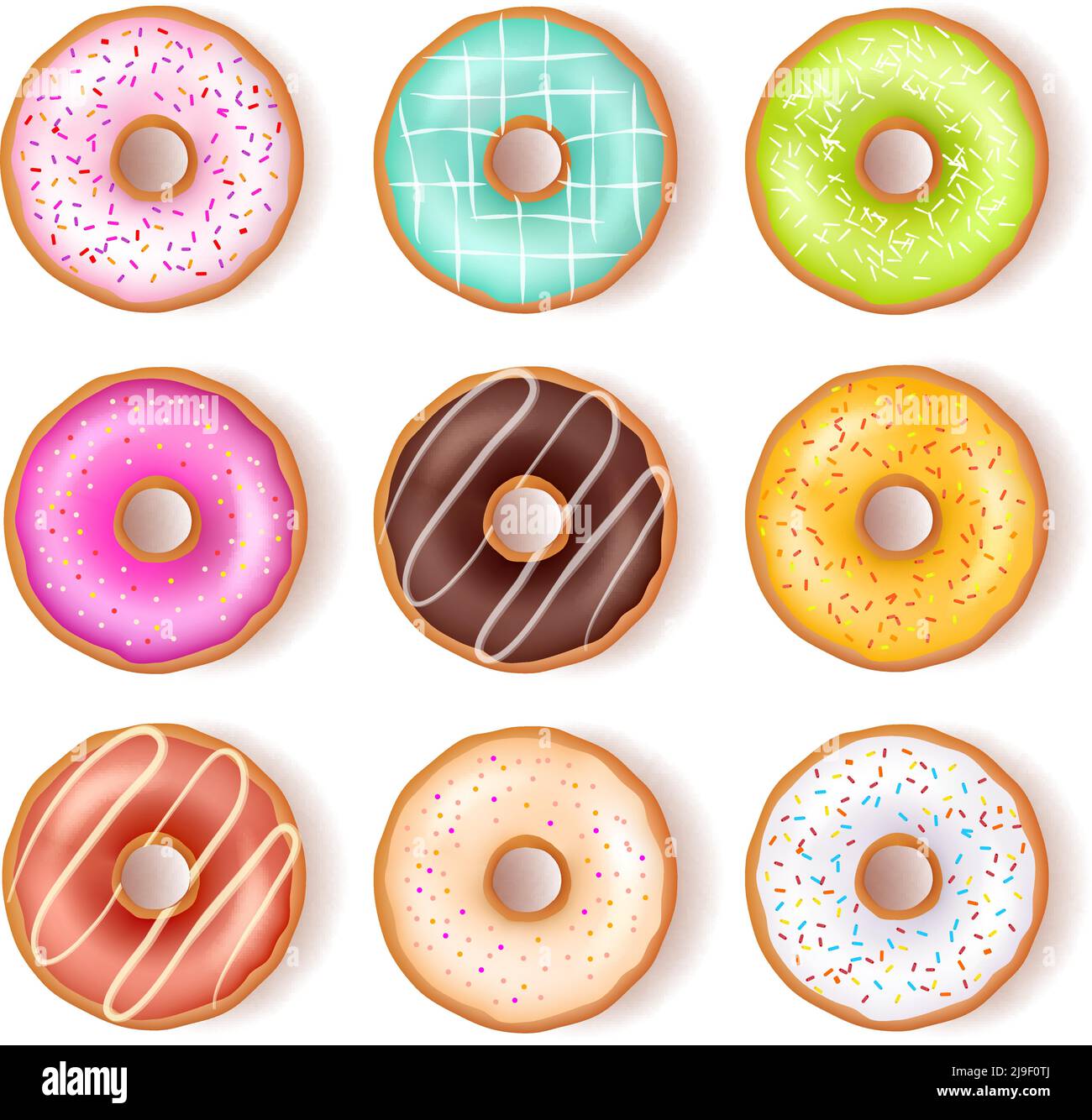 Bright tasty donuts top view set with various ingredients of different ...