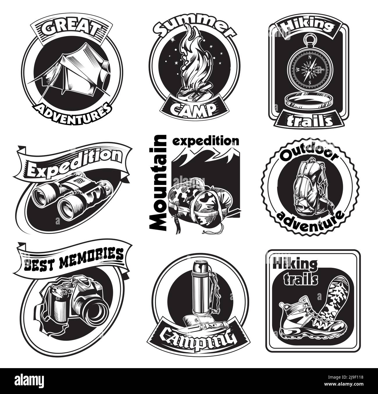 Outdoor tourism logos set with camping accessories and equipment in