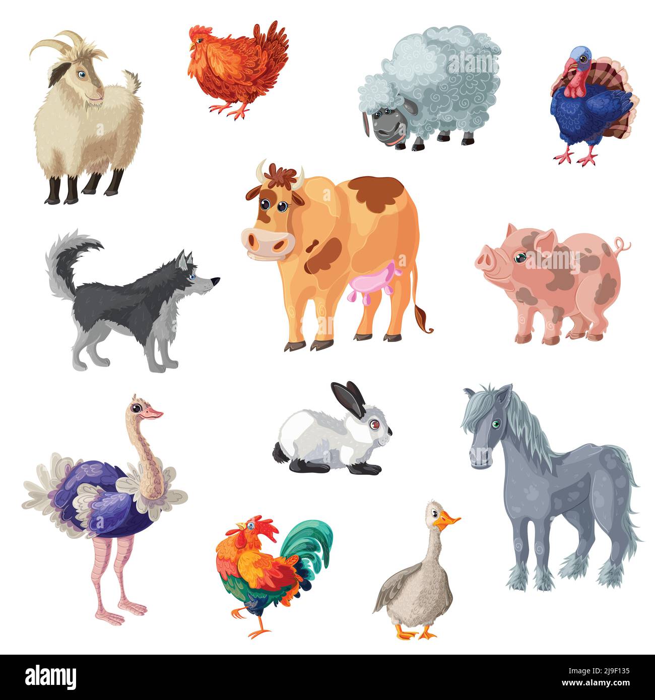 Set of twelve isolated decorative icons with colorful cartoon style farm animals images on blank background vector illustration Stock Vector
