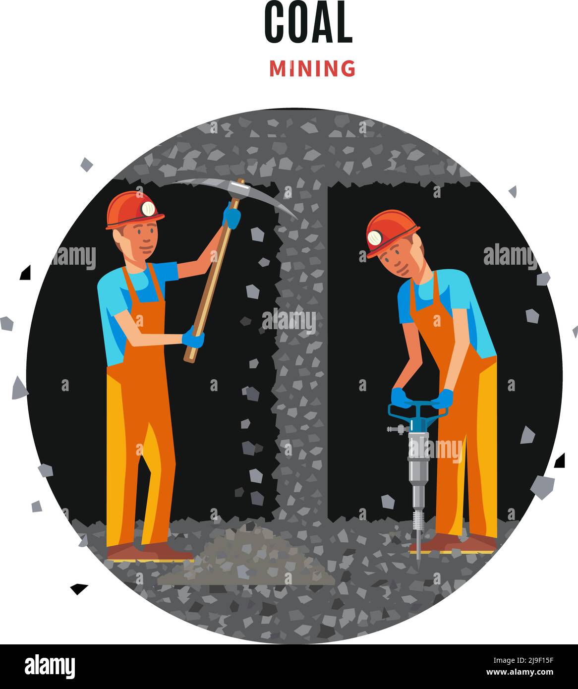 Coal extraction flat template with working miners in uniform holding pick and drill vector illustration Stock Vector