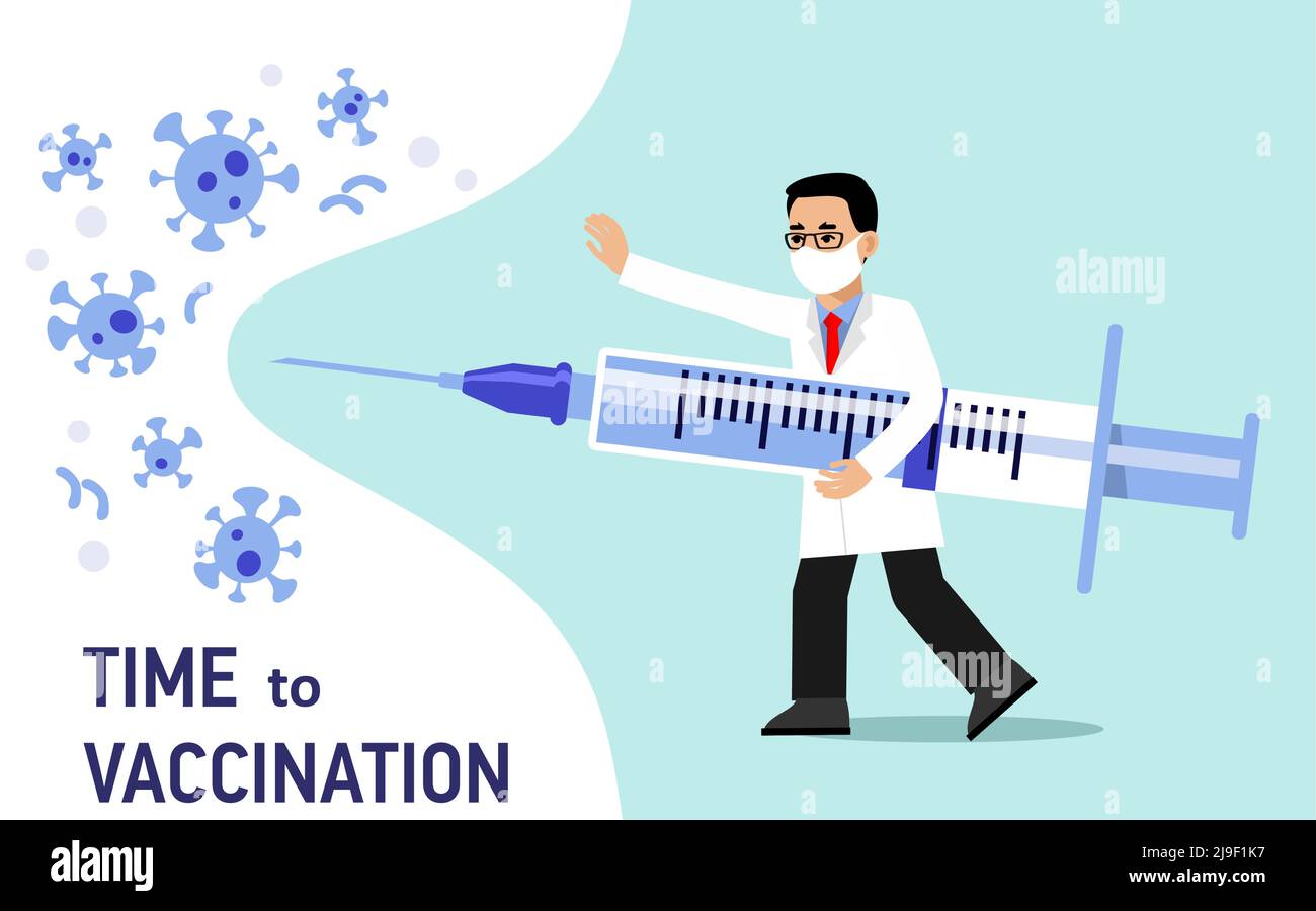 Young doctor man in protective mask with syringe fights coronavirus isolated on blue background. Healthcare, prevention pandemic and immunize. Stock Vector
